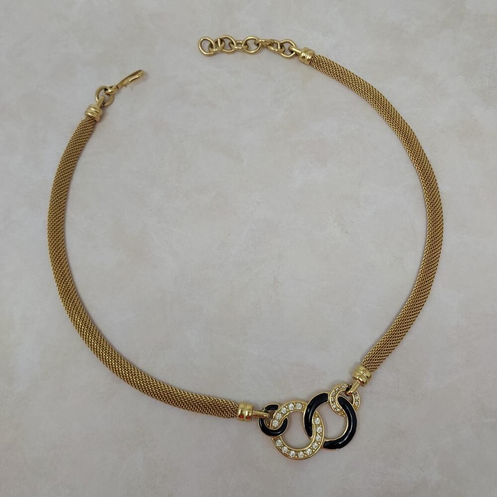 Vintage Monet Necklace Gold Tone Mesh Black Enamel Rhinestone Rings Signed 19"